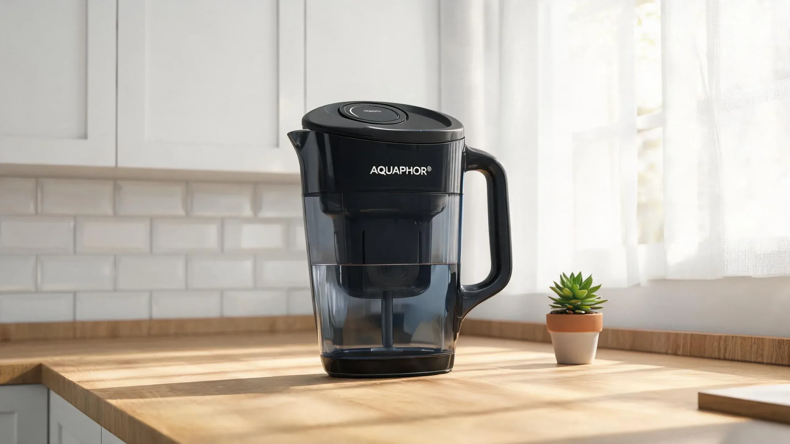 Aquaphor Onyx 4,2 L na drewnianym blacie kuchennym w porannym świetle