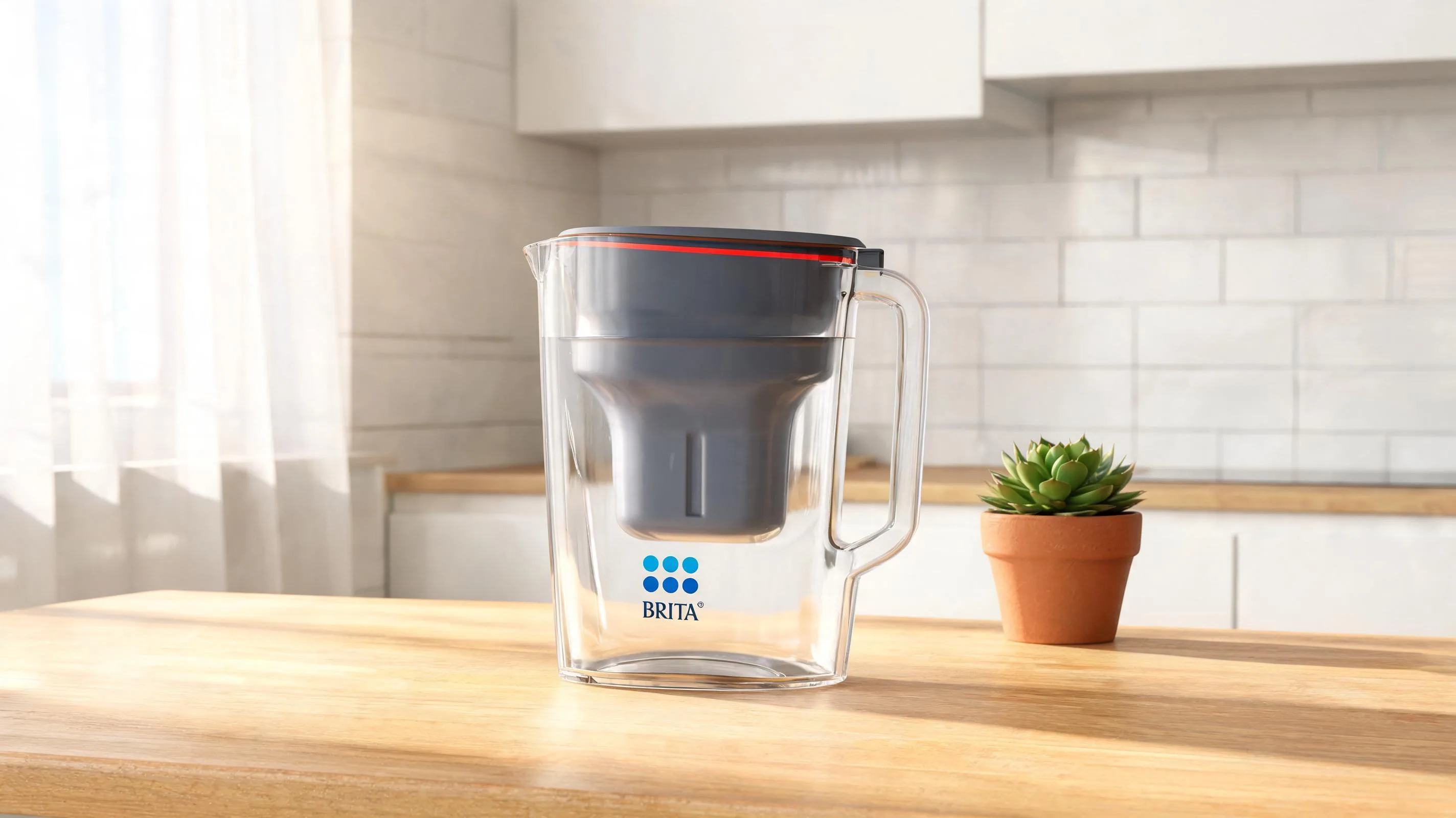 Brita Marella na drewnianym blacie kuchennym w porannym świetle