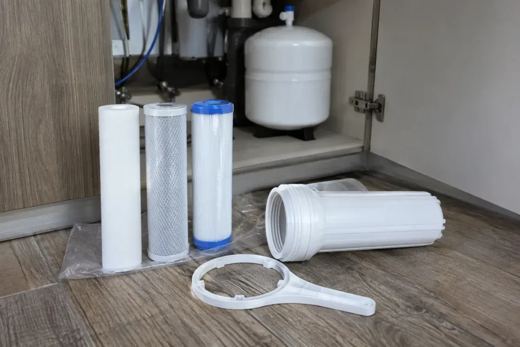 Nowe wkłady, obudowa i klucz do wymiany filtrów RO przed szafką pod zlewem